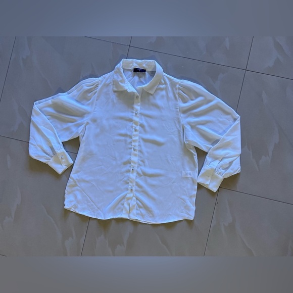 TAHARI  Womens Ivory White And Metal Button-Up High/Low Tunic dress Blouse Sz M - Picture 12 of 14